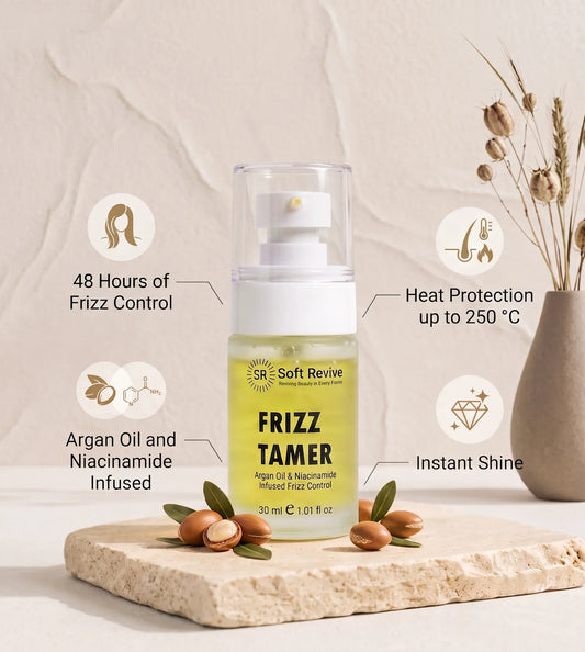 Soft Revive Frizz Tamer hair product bottle displayed on a stone slab with argan nuts, surrounded by informational callouts about frizz control, heat protection, and infused ingredients.