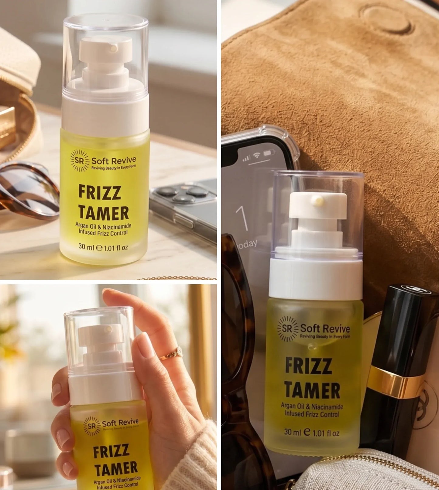A collage showing a bottle of Soft Revive Frizz Tamer hair care product in multiple settings: on a tabletop, held in a hand, and standing beside other beauty items on a surface. The bottle has a clear cap, white pump, and a pale yellow-green liquid visible through the bottle.