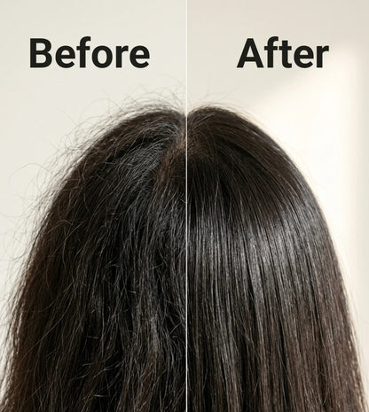 Before and after comparison of dark brown to black hair, showing frizzy, dry hair on the left and smooth, shiny hair on the right.