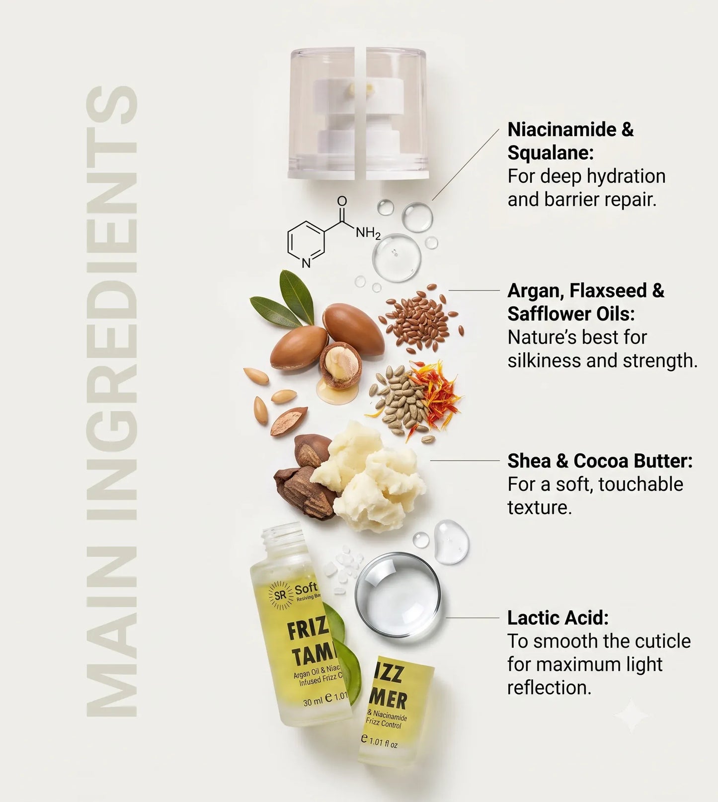 A clean, ingredient-focused product graphic for a hair care bottle. The main sold item appears to be a small clear bottle labeled 'Frizz Tamer' with a matching jar, shown alongside illustrated and photographed ingredients including nuts, seeds, leaves, and a metal pan.