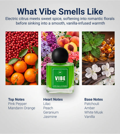 A fragrance notes graphic with the headline 'What Vibe Smells Like' and a central bottle labeled 'VIBE' surrounded by scent imagery: red berries, oranges, flowers, peaches, green leaves, amber droplets, and white blossoms. Text lists top notes, heart notes, and base notes.