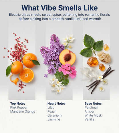A fragrance notes graphic titled 'What Vibe Smells Like' with three vertical scent panels: pink pepper and mandarin orange top notes, lilac, peach, jasmine, and geranium heart notes, and patchouli, amber, white musk, and vanilla base notes, accompanied by fruit, flowers, leaves, and vanilla beans.